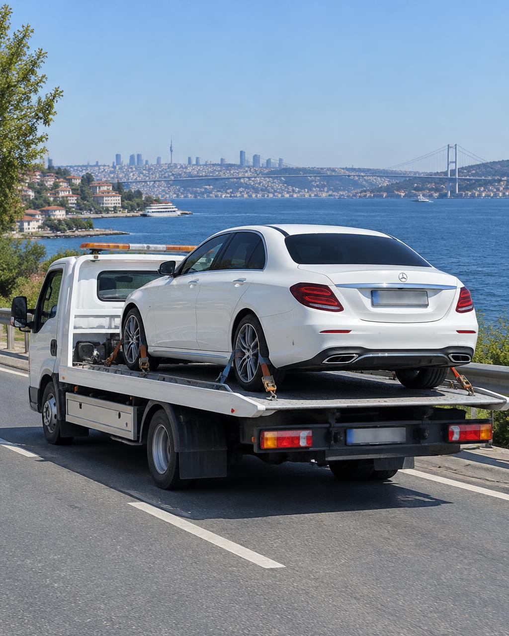 Deniz kenarında çekici üzerinde beyaz sedan