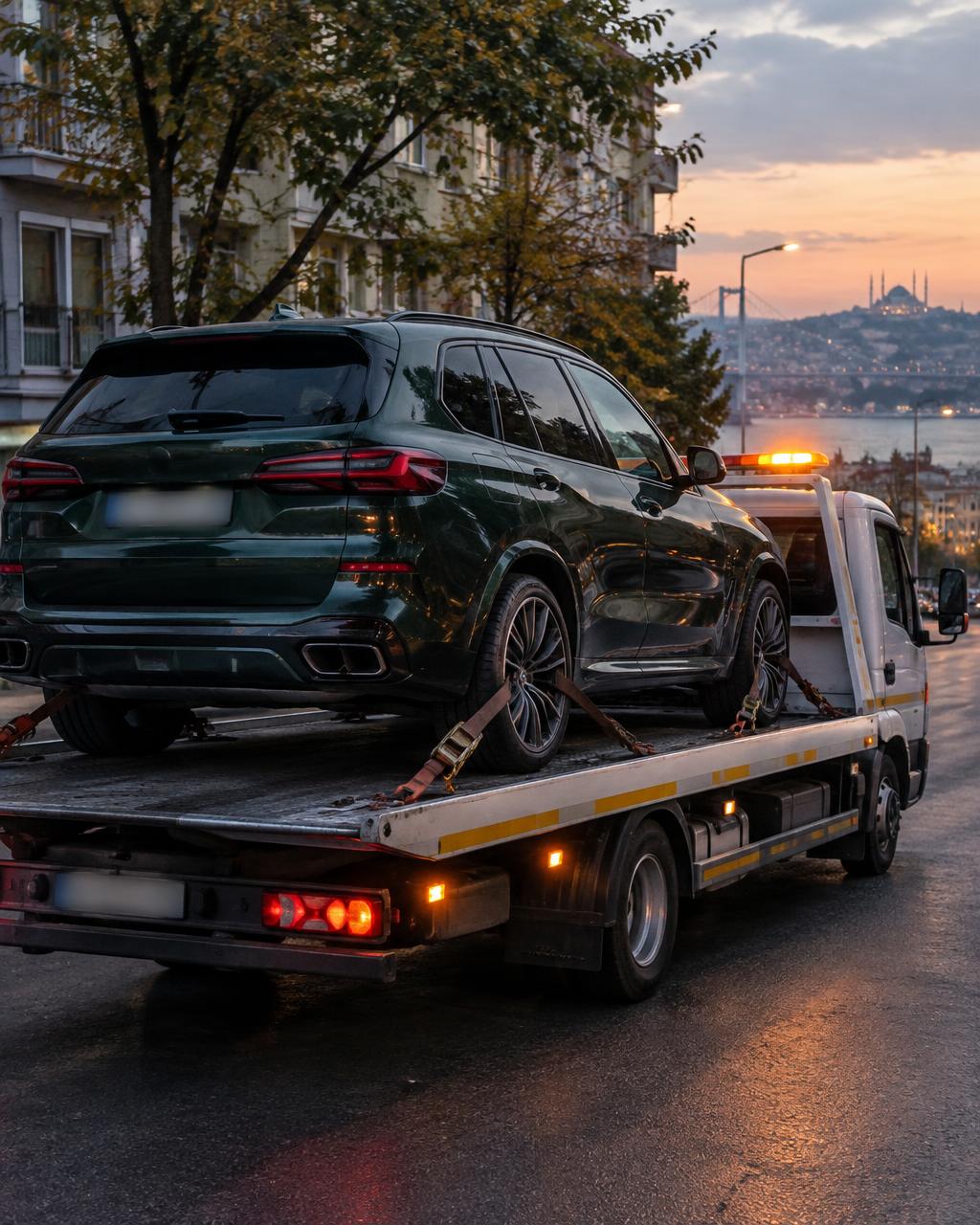 Akşam ışığında güvenle sabitlenmiş koyu yeşil SUV