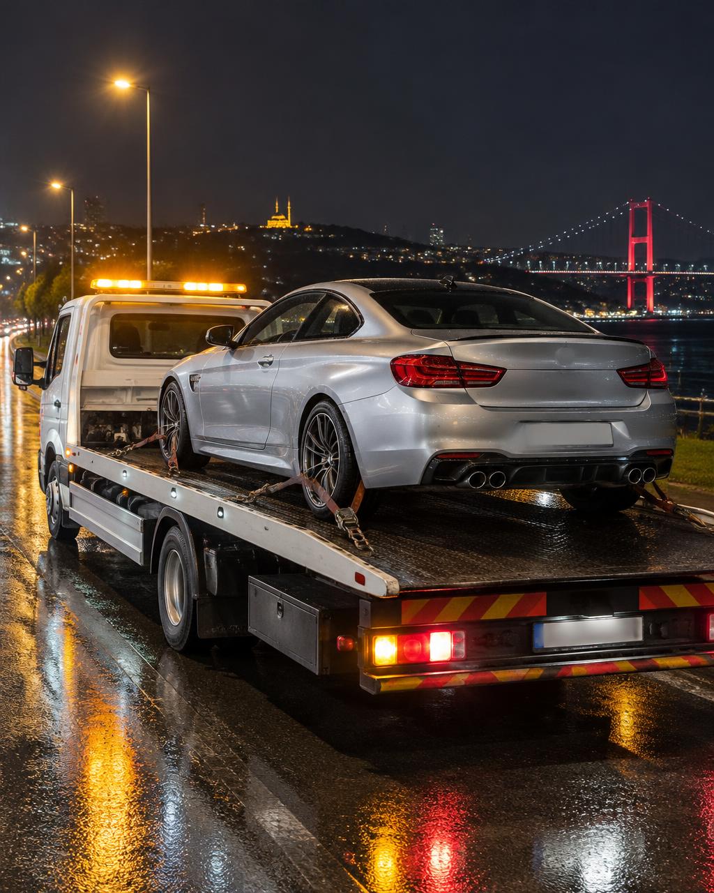 Gece ışıkları altında çekicide gümüş renk coupe