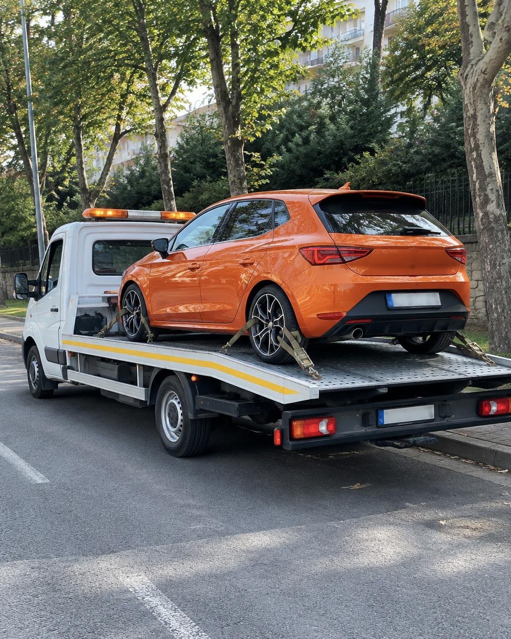 Ağaçlı sokakta çekici üzerinde turuncu otomobil