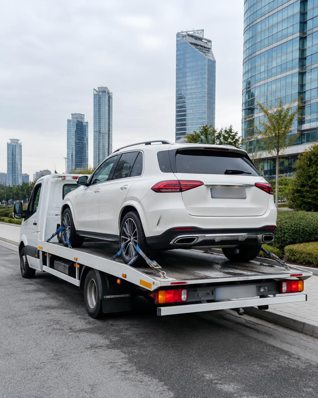 Modern binalar önünde çekici üzerinde beyaz SUV