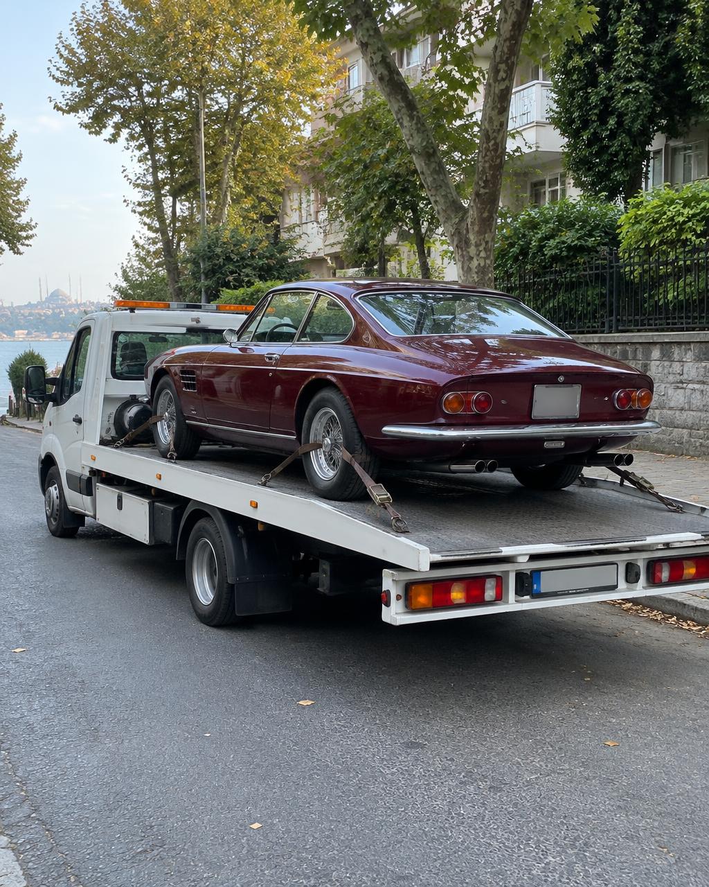 Çekici kasasında güvenle taşınan bordo klasik otomobil