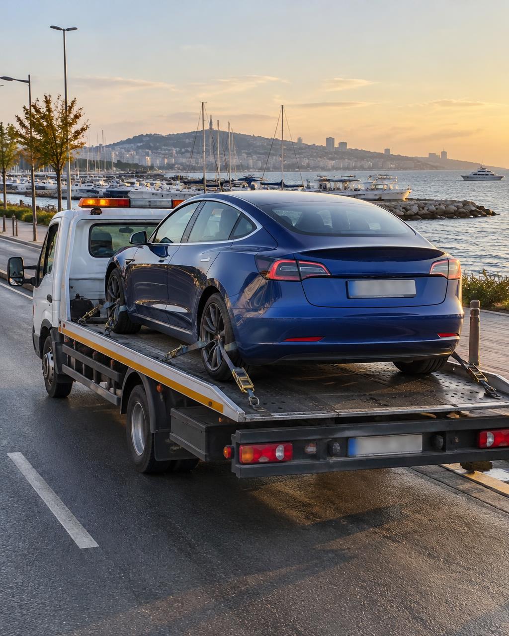 Marina yolunda çekici üzerinde mavi elektrikli sedan