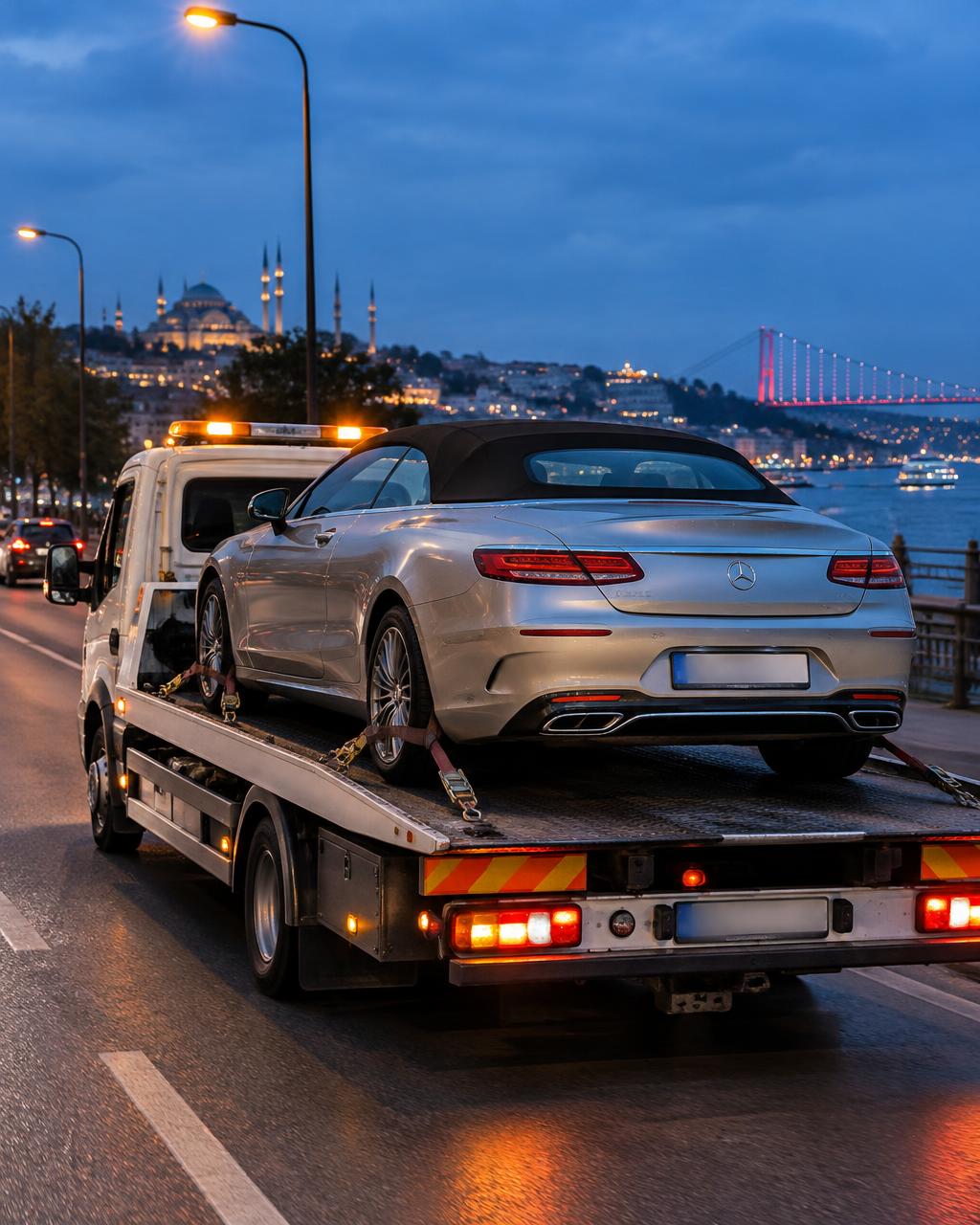 Akşam saatinde çekici üzerinde gümüş renk üstü kapalı cabrio