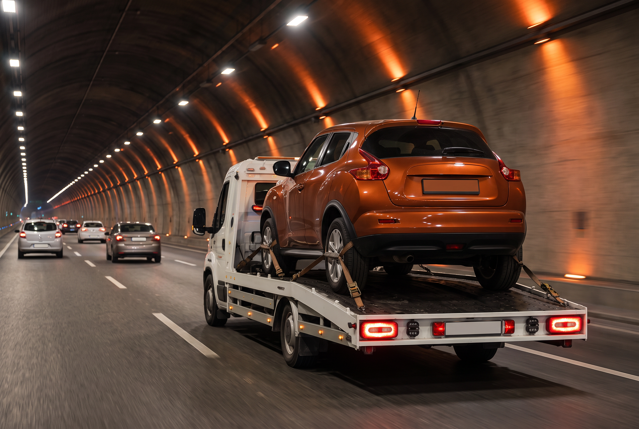 Turuncu ışıklı tünelde turuncu SUV taşıyan kayar kasa oto çekici